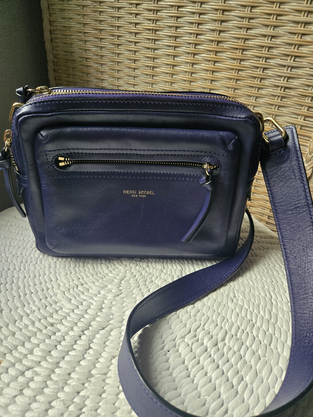Henri Bendel Dark Purple Leather Medium Sized Gold Logo Crossbody Shoulder Bag
